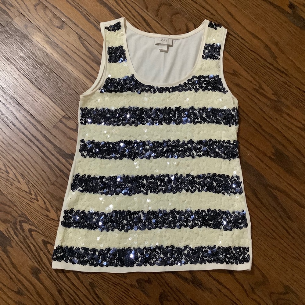 LOFT Sequin Striped Tank Top - Navy and White